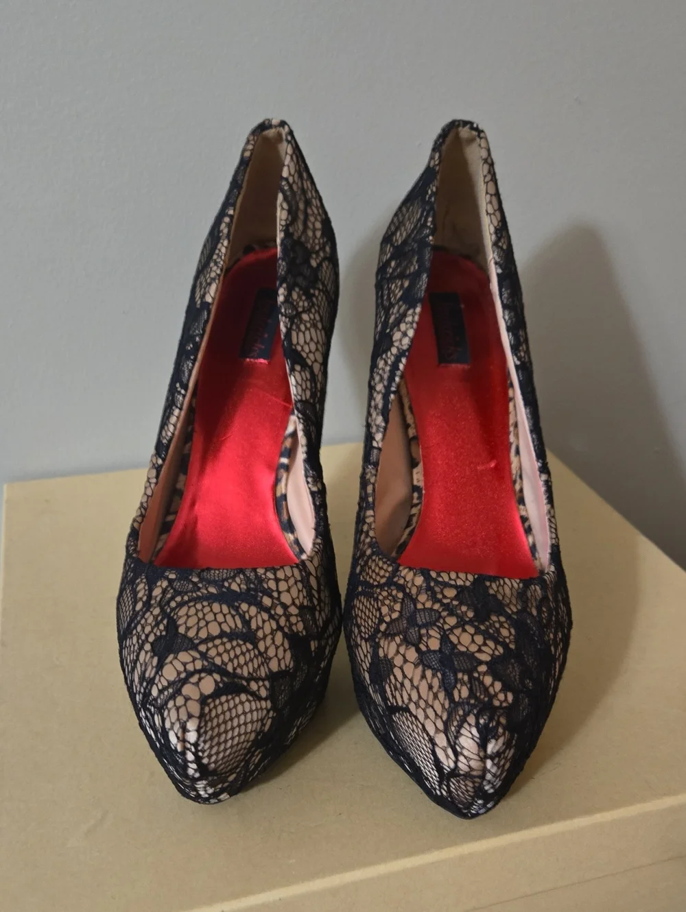 Frederick's of Hollywood Black Lace Nude Platform Stiletto Pumps Size 11M